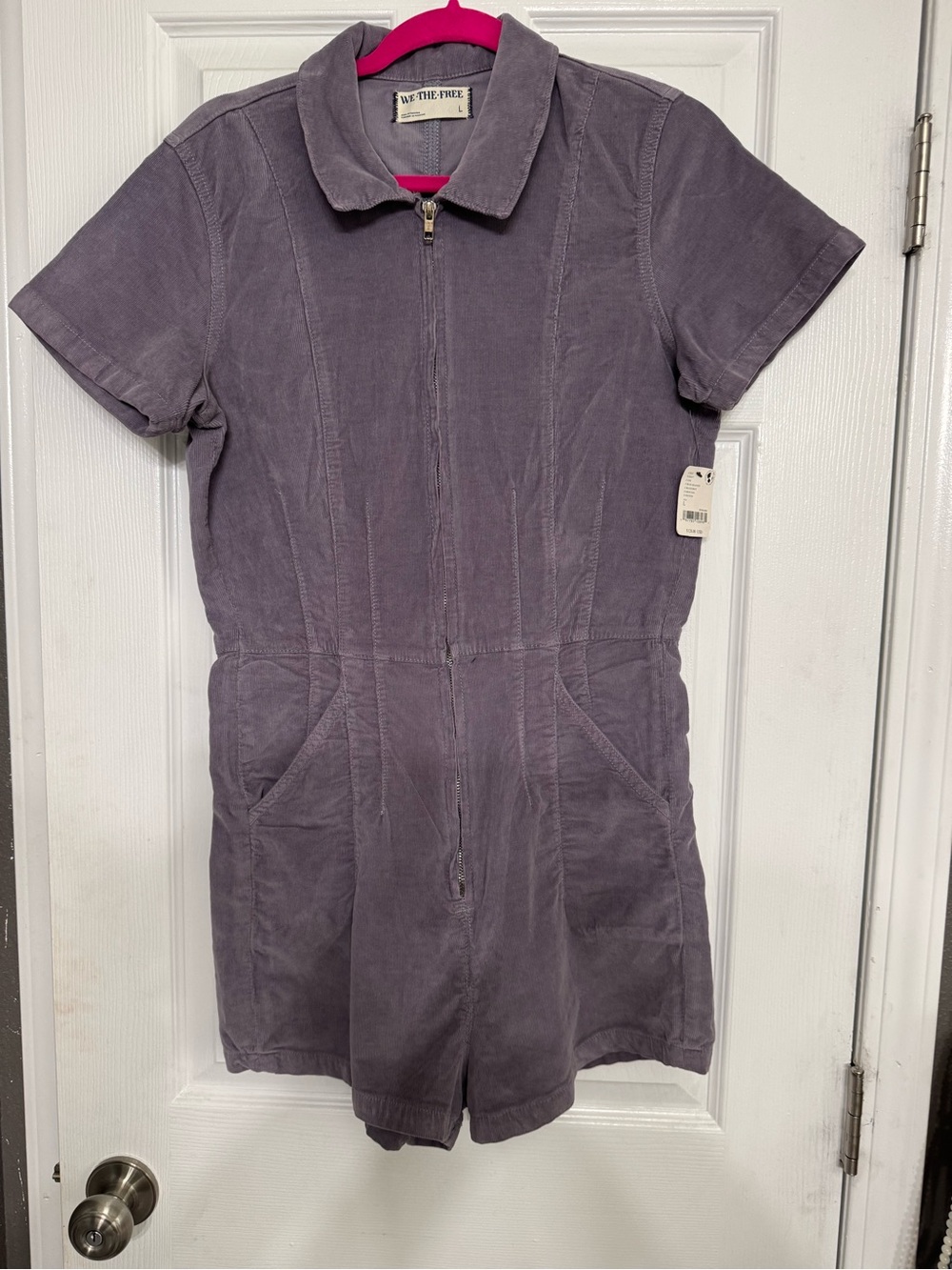 Free People Corduroy Short Sleeve zip up Romper in Blue/Granite L